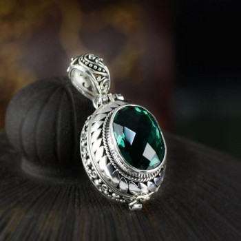 925 Sterling Silver Kwu Box Natural Green Crystal Pendant Openable Vintage Retro Wind Gemston Stone Pendant