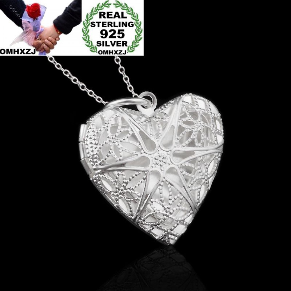 OMHXZJ Wholesale Personality Fashion Woman Girl Party Gift Silver Hollow Heart 925 Sterling Silver Charm Pendant Necklace CH63