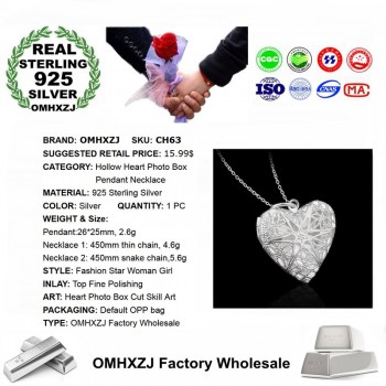 OMHXZJ Wholesale Personality Fashion Woman Girl Party Gift Silver Hollow Heart 925 Sterling Silver Charm Pendant Necklace CH63