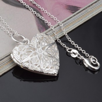 OMHXZJ Wholesale Personality Fashion Woman Girl Party Gift Silver Hollow Heart 925 Sterling Silver Charm Pendant Necklace CH63