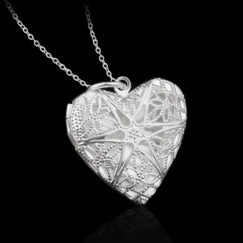 OMHXZJ Wholesale Personality Fashion Woman Girl Party Gift Silver Hollow Heart 925 Sterling Silver Charm Pendant Necklace CH63