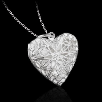 OMHXZJ Wholesale Personality Fashion Woman Girl Party Gift Silver Hollow Heart 925 Sterling Silver Charm Pendant Necklace CH63