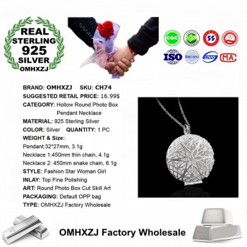 OMHXZJ Wholesale Personality Fashion Woman Girl Party Gift Silver Hollow Round 925 Sterling Silver Charm Pendant Necklace CH74