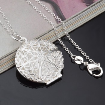 OMHXZJ Wholesale Personality Fashion Woman Girl Party Gift Silver Hollow Round 925 Sterling Silver Charm Pendant Necklace CH74