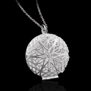 OMHXZJ Wholesale Personality Fashion Woman Girl Party Gift Silver Hollow Round 925 Sterling Silver Charm Pendant Necklace CH74