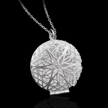 OMHXZJ Wholesale Personality Fashion Woman Girl Party Gift Silver Hollow Round 925 Sterling Silver Charm Pendant Necklace CH74