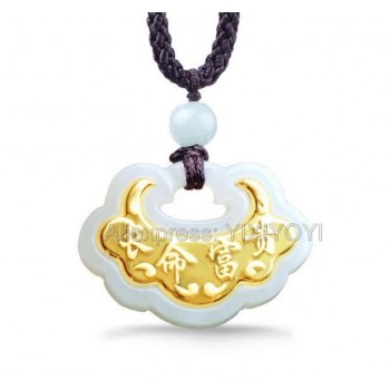 Natural White Hetian Jade + 18K Solid Gold Inlaid Safety Lock Design Blessing Pendant + free Necklace Fine Jewelry + Certificate