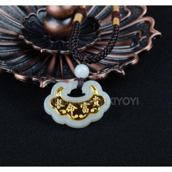 Natural White Hetian Jade + 18K Solid Gold Inlaid Safety Lock Design Blessing Pendant + free Necklace Fine Jewelry + Certificate