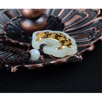 Natural White Hetian Jade + 18K Solid Gold Inlaid Safety Lock Design Blessing Pendant + free Necklace Fine Jewelry + Certificate