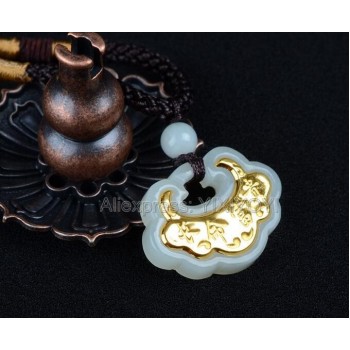 Natural White Hetian Jade + 18K Solid Gold Inlaid Safety Lock Design Blessing Pendant + free Necklace Fine Jewelry + Certificate