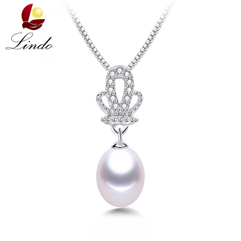 High Quality 100% Natural Freshwater White Pearl Pendant Necklace Women Fashion 925 Sterling Silver Crown Zircon Jewelry 45cm