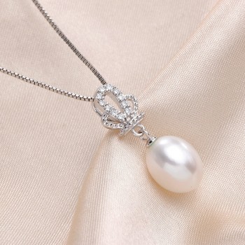 High Quality 100% Natural Freshwater White Pearl Pendant Necklace Women Fashion 925 Sterling Silver Crown Zircon Jewelry 45cm
