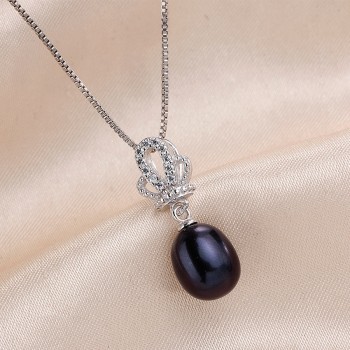 High Quality 100% Natural Freshwater White Pearl Pendant Necklace Women Fashion 925 Sterling Silver Crown Zircon Jewelry 45cm
