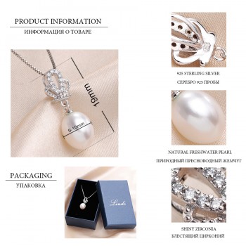 High Quality 100% Natural Freshwater White Pearl Pendant Necklace Women Fashion 925 Sterling Silver Crown Zircon Jewelry 45cm