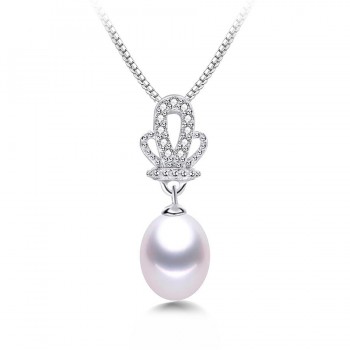 High Quality 100% Natural Freshwater White Pearl Pendant Necklace Women Fashion 925 Sterling Silver Crown Zircon Jewelry 45cm