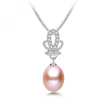 High Quality 100% Natural Freshwater White Pearl Pendant Necklace Women Fashion 925 Sterling Silver Crown Zircon Jewelry 45cm