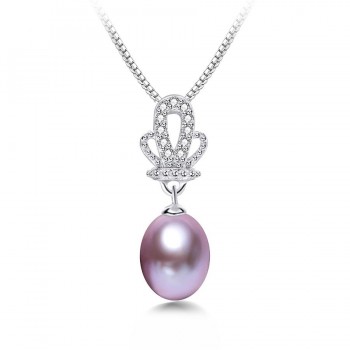 High Quality 100% Natural Freshwater White Pearl Pendant Necklace Women Fashion 925 Sterling Silver Crown Zircon Jewelry 45cm