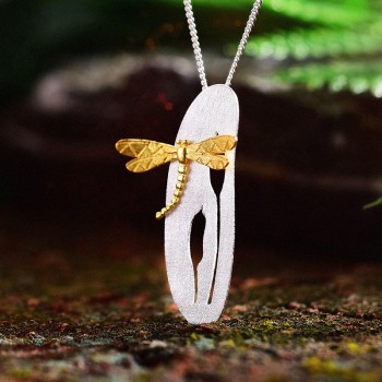 Lotus Fun Real 925 Sterling Silver Handmade Fine Jewelry Leaf and Dragonfly Design Pendant without Necklace for Women Acessorios