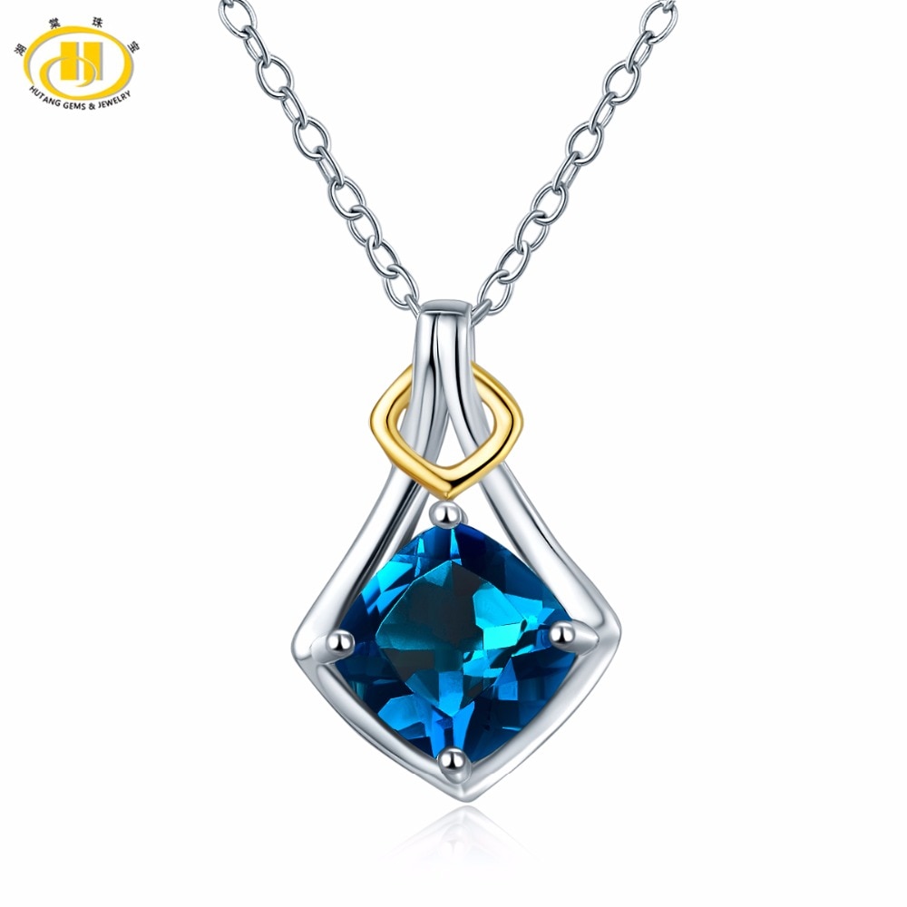 Hutang Natural Gemstone London Blue Topaz Pendant Necklace Solid 925 Sterling Silver Two-tone Gemstone Jewelry Free Chain