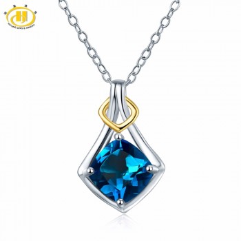 Hutang Natural Gemstone London Blue Topaz Pendant Necklace Solid 925 Sterling Silver Two-tone Gemstone Jewelry Free Chain