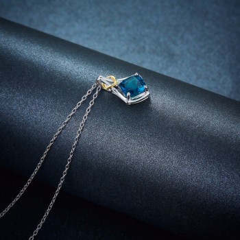 Hutang Natural Gemstone London Blue Topaz Pendant Necklace Solid 925 Sterling Silver Two-tone Gemstone Jewelry Free Chain