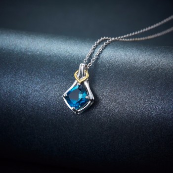 Hutang Natural Gemstone London Blue Topaz Pendant Necklace Solid 925 Sterling Silver Two-tone Gemstone Jewelry Free Chain