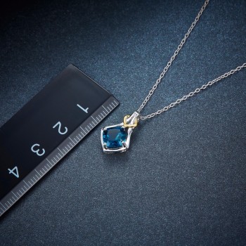 Hutang Natural Gemstone London Blue Topaz Pendant Necklace Solid 925 Sterling Silver Two-tone Gemstone Jewelry Free Chain