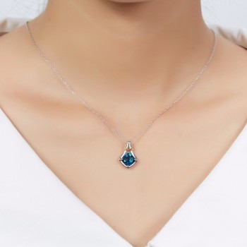 Hutang Natural Gemstone London Blue Topaz Pendant Necklace Solid 925 Sterling Silver Two-tone Gemstone Jewelry Free Chain
