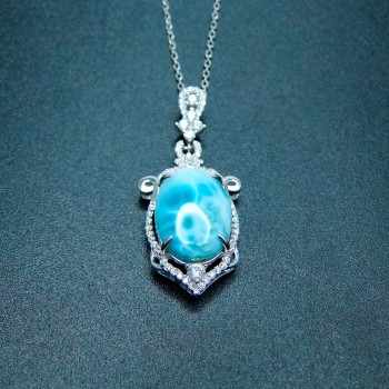 925 Sterling Silver Jewelry Pendant Inlaid Real Big Oval 18x13MM Natural Larimar Pendant Charm for Birthday Gift without Chain