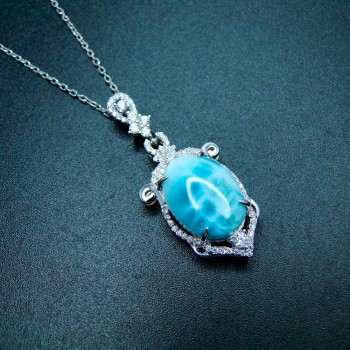 925 Sterling Silver Jewelry Pendant Inlaid Real Big Oval 18x13MM Natural Larimar Pendant Charm for Birthday Gift without Chain
