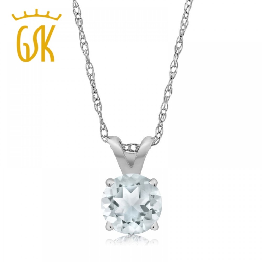0.22 Ct Round Sky Blue Aquamarine 14K White Gold Pendant With Chain