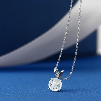 0.22 Ct Round Sky Blue Aquamarine 14K White Gold Pendant With Chain