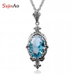 Szjinao Classic Oval Aquamarine Vintage 925 Sterling Silver Pendant For Women Christmas present  Fine viking Jewelry