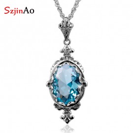 Szjinao Classic Oval Aquamarine Vintage 925 Sterling Silver Pendant For Women Christmas present  Fine viking Jewelry