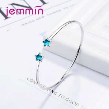 JEMMIN Big Promotion Clear Austrian Crystals Student Style Trendy Blue Stars Opening Bangles 925 Sterling Silver Valentines Gif