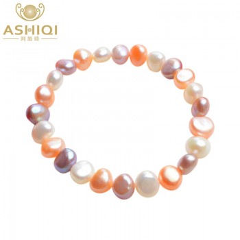 ASHIQI Real Natural Freshwater Pearl Charm Bracelets amp; Bangles for women 8-9mm Vintage elastic Baroque pearl jewelry gift
