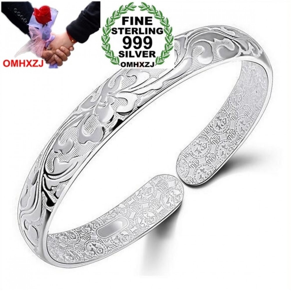 OMHXZJ Wholesale geometric fashion Flowers woman kpop star Fine 999 Sterling Silver opening adjustable bracelet Bangles SZ12