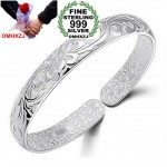 OMHXZJ Wholesale geometric fashion Flowers woman kpop star Fine 999 Sterling Silver opening adjustable bracelet Bangles SZ12
