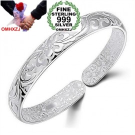 OMHXZJ Wholesale geometric fashion Flowers woman kpop star Fine 999 Sterling Silver opening adjustable bracelet Bangles SZ12