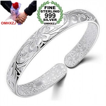 OMHXZJ Wholesale geometric fashion Flowers woman kpop star Fine 999 Sterling Silver opening adjustable bracelet Bangles SZ12