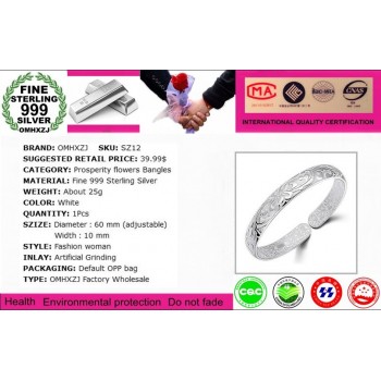 OMHXZJ Wholesale geometric fashion Flowers woman kpop star Fine 999 Sterling Silver opening adjustable bracelet Bangles SZ12