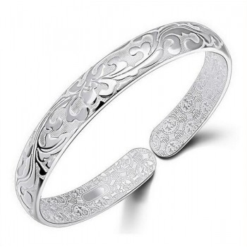 OMHXZJ Wholesale geometric fashion Flowers woman kpop star Fine 999 Sterling Silver opening adjustable bracelet Bangles SZ12