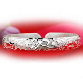 OMHXZJ Wholesale geometric fashion Flowers woman kpop star Fine 999 Sterling Silver opening adjustable bracelet Bangles SZ12