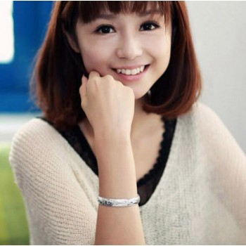 OMHXZJ Wholesale geometric fashion Flowers woman kpop star Fine 999 Sterling Silver opening adjustable bracelet Bangles SZ12
