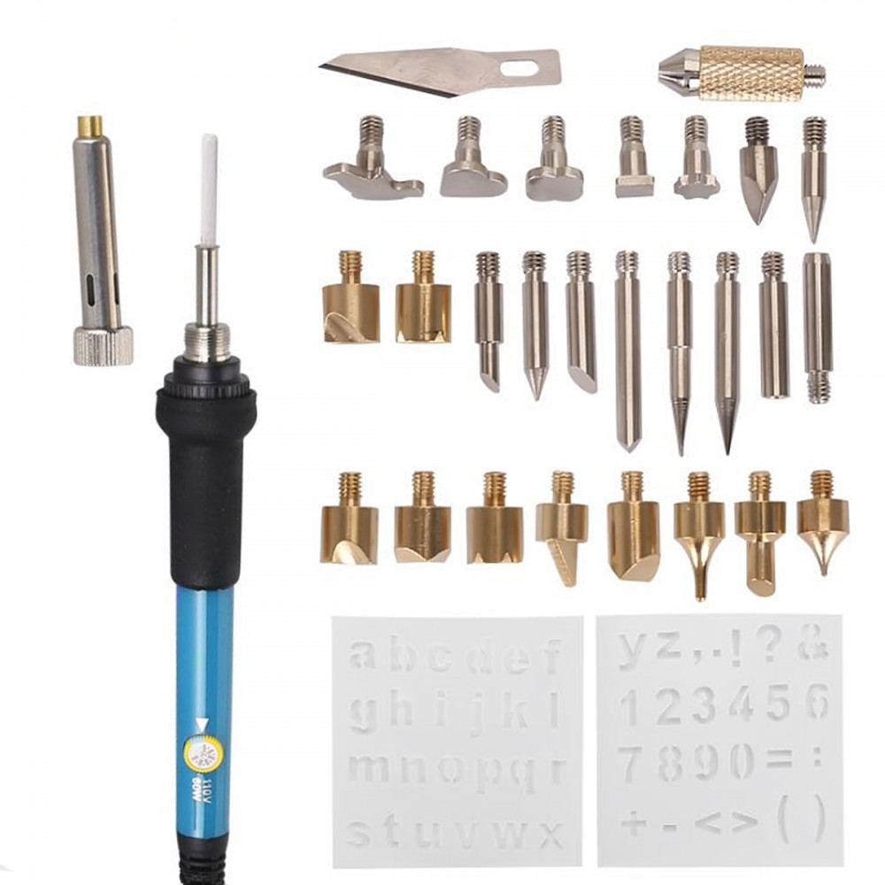 60W 220V 28Pcs Electric Soldering Iron Temp Adjust Wood Embossing Burning Carving Pyrography Engrave Tool Kit Brass +Solder Tips