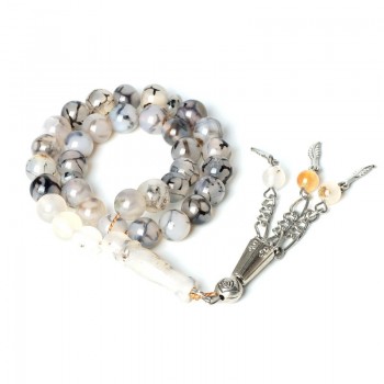 TopGoods Natural Stone Rosary Black Cracked Agate Rosarys for Islamic Muslim 33 Beads Tesbih 8MM Religious Gift Prayer Bracelet