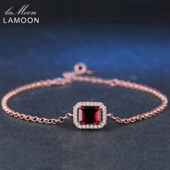 LAMOON 5X7mm 1.1ct Natural Rectangular Red Garnet 925 Sterling Silver Jewelry  Chain Charm Bracelet S925 LMHI001