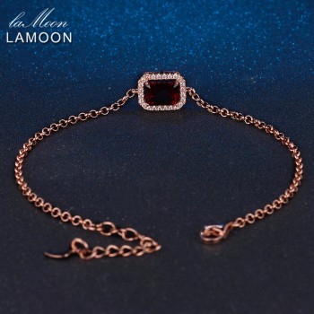 LAMOON 5X7mm 1.1ct Natural Rectangular Red Garnet 925 Sterling Silver Jewelry  Chain Charm Bracelet S925 LMHI001