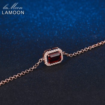 LAMOON 5X7mm 1.1ct Natural Rectangular Red Garnet 925 Sterling Silver Jewelry  Chain Charm Bracelet S925 LMHI001