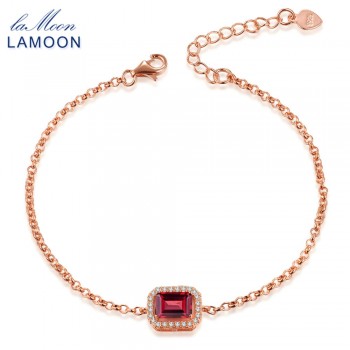 LAMOON 5X7mm 1.1ct Natural Rectangular Red Garnet 925 Sterling Silver Jewelry  Chain Charm Bracelet S925 LMHI001